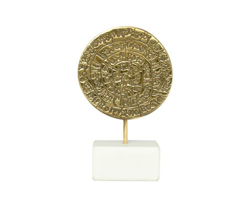 Phaistos Disc, Table Sculpture - Solid Brass on White Marble - Handmade Decor Creation - 13.5cm (5.3")