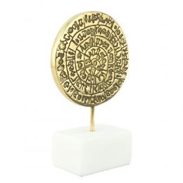 Phaistos Disc, Table Sculpture - Solid Brass on White Marble - Handmade Decor Creation - 13.5cm (5.3")