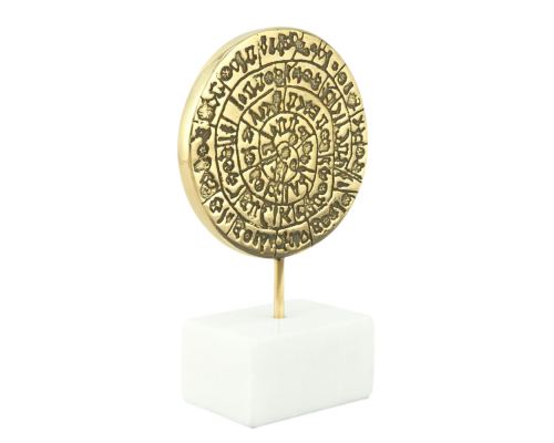 Phaistos Disc, Table Sculpture - Solid Brass on White Marble - Handmade Decor Creation - 13.5cm (5.3")