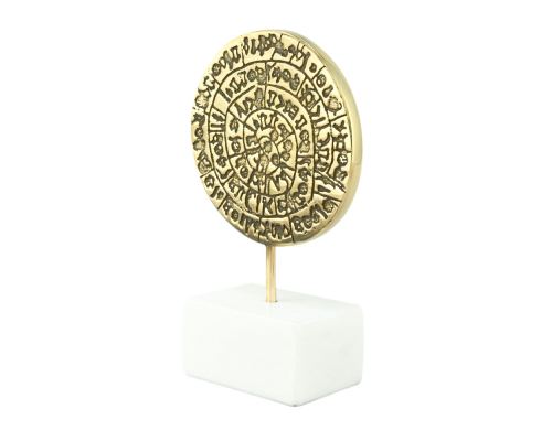 Phaistos Disc, Table Sculpture - Solid Brass on White Marble - Handmade Decor Creation - 13.5cm (5.3")