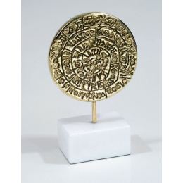 Phaistos Disc, Table Sculpture - Solid Brass on White Marble - Handmade Decor Creation - 13.5cm (5.3")