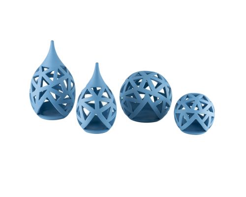 Set of 2 Modern Ceramic Tealight Candle Lanterns, Blue Color - Design A & Sphere Design