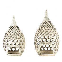 Set of 2 Modern Ceramic Tealight Candle Lanterns, Beige Color, Large & Small, Design B