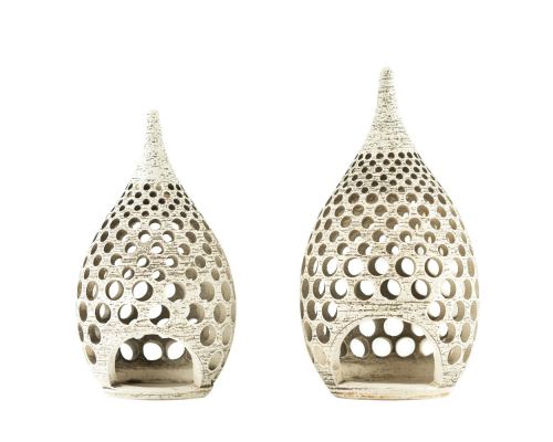 Set of 2 Modern Ceramic Tealight Candle Lanterns, Beige Color, Large & Small, Design B