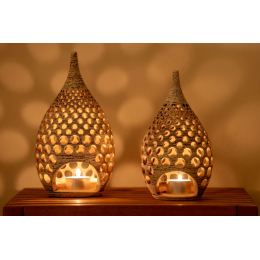 Set of 2 Modern Ceramic Tealight Candle Lanterns, Beige Color, Large & Small, Design B