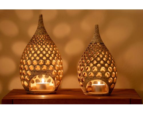 Set of 2 Modern Ceramic Tealight Candle Lanterns, Beige Color, Large & Small, Design B