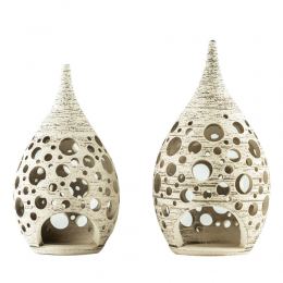 Set of 2 Modern Ceramic Tealight Candle Lanterns, Beige Color, Large & Small, Design C