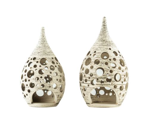 Set of 2 Modern Ceramic Tealight Candle Lanterns, Beige Color, Large & Small, Design C