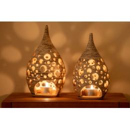 Set of 2 Modern Ceramic Tealight Candle Lanterns, Beige Color, Large & Small, Design C