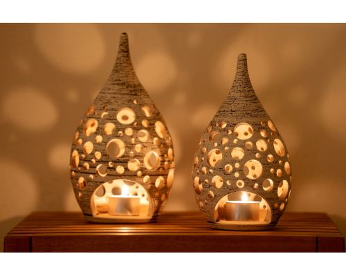 Set of 2 Modern Ceramic Tealight Candle Lanterns, Beige Color, Large & Small, Design C