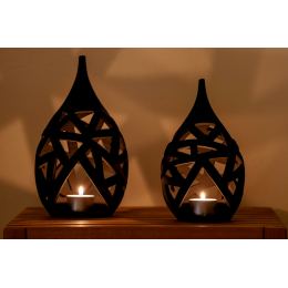 Set of 2 Modern Ceramic Tealight Candle Lanterns, Black Color, Large & Small, Design A