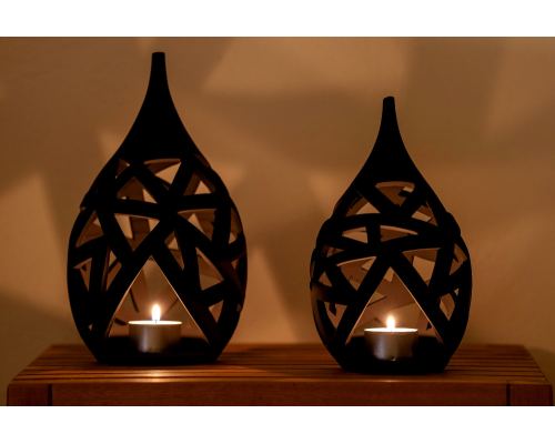 Set of 2 Modern Ceramic Tealight Candle Lanterns, Black Color, Large & Small, Design A