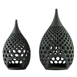 Set of 2 Modern Ceramic Tealight Candle Lanterns, Black Color, Large & Small, Design B