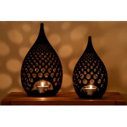 Set of 2 Modern Ceramic Tealight Candle Lanterns, Black Color, Large & Small, Design B