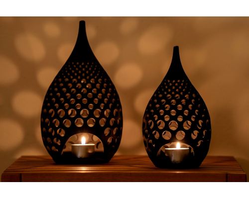 Set of 2 Modern Ceramic Tealight Candle Lanterns, Black Color, Large & Small, Design B