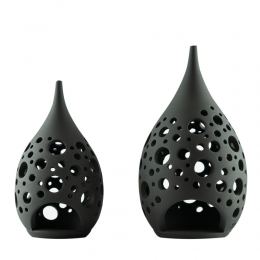 Set of 2 Modern Ceramic Tealight Candle Lanterns, Black Color, Large & Small, Design C