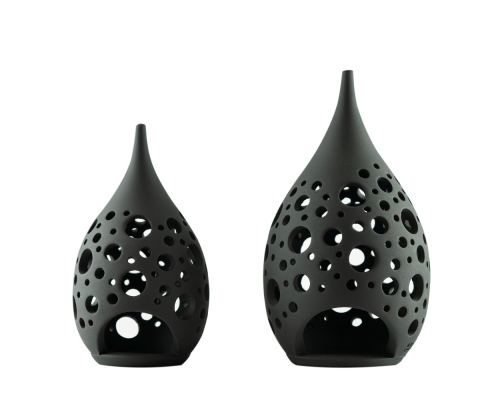 Set of 2 Modern Ceramic Tealight Candle Lanterns, Black Color, Large & Small, Design C