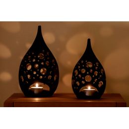 Set of 2 Modern Ceramic Tealight Candle Lanterns, Black Color, Large & Small, Design C