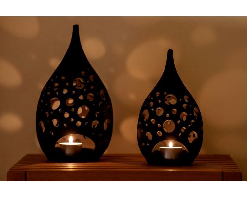 Set of 2 Modern Ceramic Tealight Candle Lanterns, Black Color, Large & Small, Design C