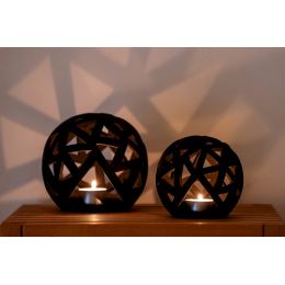 Set of 2 Modern Ceramic Tealight Candle Lanterns, Black Color, Large & Small, Sphere Design