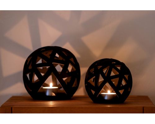 Set of 2 Modern Ceramic Tealight Candle Lanterns, Black Color, Large & Small, Sphere Design