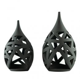 Set of 2 Modern Ceramic Tealight Candle Lanterns, Black Color, Large & Small, Design A