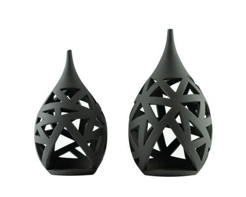 Set of 2 Modern Ceramic Tealight Candle Lanterns, Black Color, Large & Small, Design A