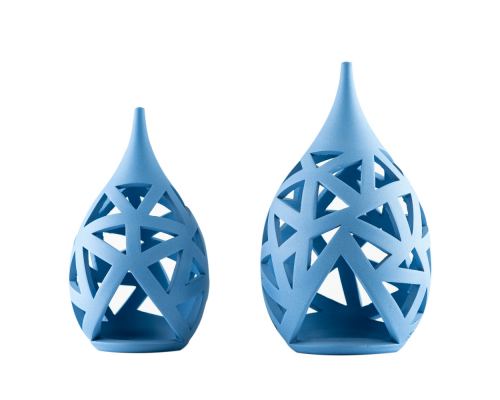 Set of 2 Modern Ceramic Tealight Candle Lanterns, Blue Color, Large & Small, Design A