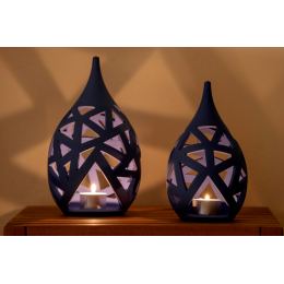 Set of 2 Modern Ceramic Tealight Candle Lanterns, Blue Color, Large & Small, Design A