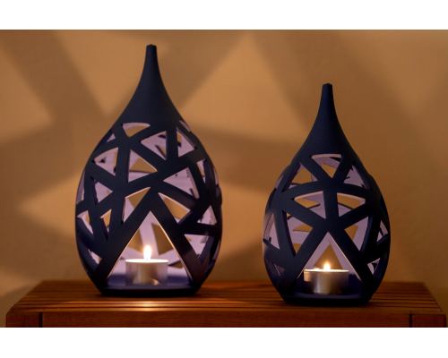 Set of 2 Modern Ceramic Tealight Candle Lanterns, Blue Color, Large & Small, Design A