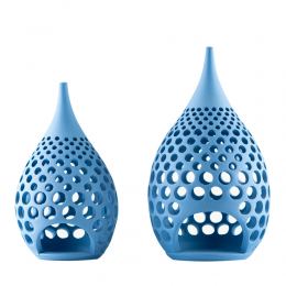 Set of 2 Modern Ceramic Tealight Candle Lanterns, Blue Color, Large & Small, Design B