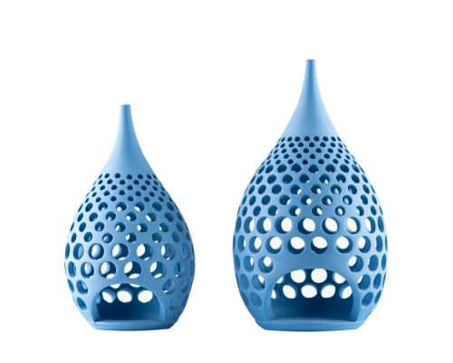 Set of 2 Modern Ceramic Tealight Candle Lanterns, Blue Color, Large & Small, Design B