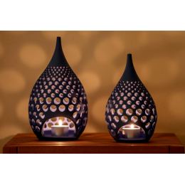 Set of 2 Modern Ceramic Tealight Candle Lanterns, Blue Color, Large & Small, Design B