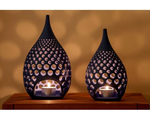 Set of 2 Modern Ceramic Tealight Candle Lanterns, Blue Color, Large & Small, Design B