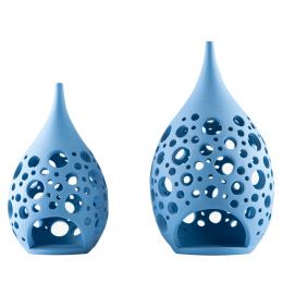 Set of 2 Modern Ceramic Tealight Candle Lanterns, Blue Color, Large & Small, Design C