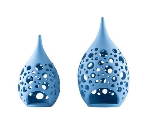 Set of 2 Modern Ceramic Tealight Candle Lanterns, Blue Color, Large & Small, Design C