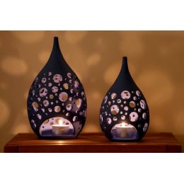 Set of 2 Modern Ceramic Tealight Candle Lanterns, Blue Color, Large & Small, Design C