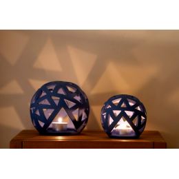 Set of 2 Modern Ceramic Tealight Candle Lanterns, Blue Color, Large & Small, Sphere Design