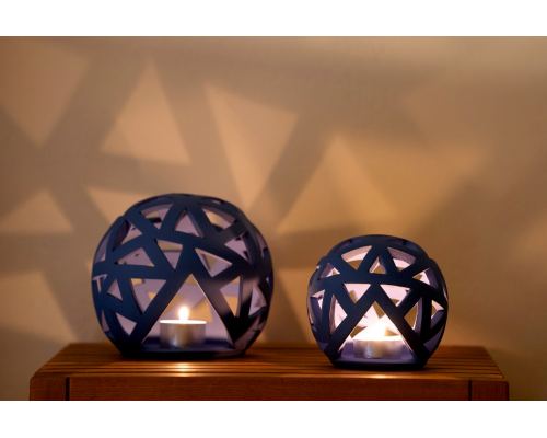 Set of 2 Modern Ceramic Tealight Candle Lanterns, Blue Color, Large & Small, Sphere Design