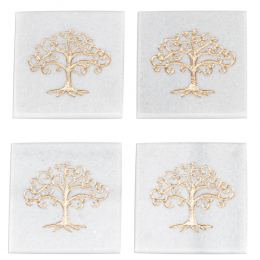 White Marble, Handmade Drink Serving Coasters Set of 4, Engraved Golden Tree of Life Design, 10Χ10cm