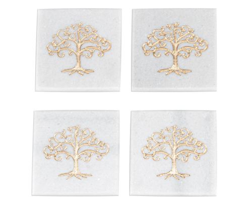 White Marble, Handmade Drink Serving Coasters Set of 4, Engraved Golden Tree of Life Design, 10Χ10cm