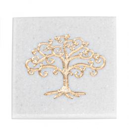 White Marble, Handmade Drink Serving Coasters Set of 4, Engraved Golden Tree of Life Design, 10Χ10cm