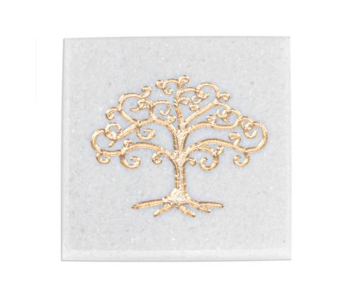 White Marble, Handmade Drink Serving Coasters Set of 4, Engraved Golden Tree of Life Design, 10Χ10cm