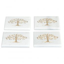 White Marble, Handmade Drink Serving Coasters Set of 4, Engraved Golden Tree of Life Design, 10Χ10cm