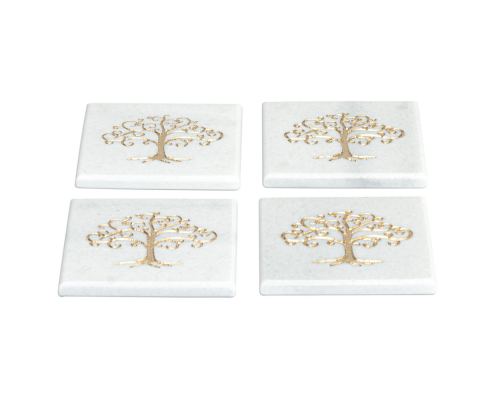 White Marble, Handmade Drink Serving Coasters Set of 4, Engraved Golden Tree of Life Design, 10Χ10cm