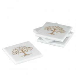 White Marble, Handmade Drink Serving Coasters Set of 4, Engraved Golden Tree of Life Design, 10Χ10cm