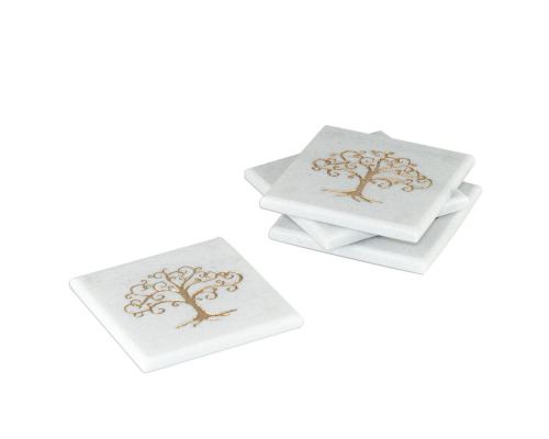 White Marble, Handmade Drink Serving Coasters Set of 4, Engraved Golden Tree of Life Design, 10Χ10cm