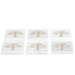 White Marble, Handmade Drink Serving Coasters Set of 6, Engraved Golden Tree of Life Design, 10Χ10cm