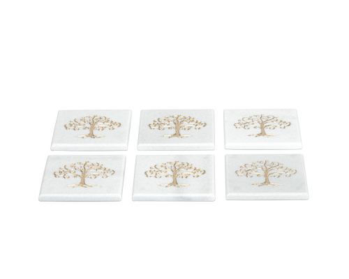 White Marble, Handmade Drink Serving Coasters Set of 6, Engraved Golden Tree of Life Design, 10Χ10cm