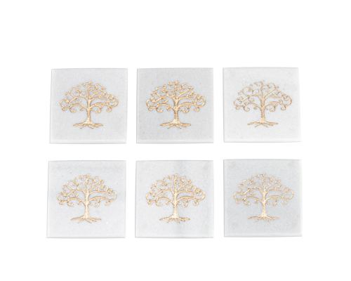 White Marble, Handmade Drink Serving Coasters Set of 6, Engraved Golden Tree of Life Design, 10Χ10cm
